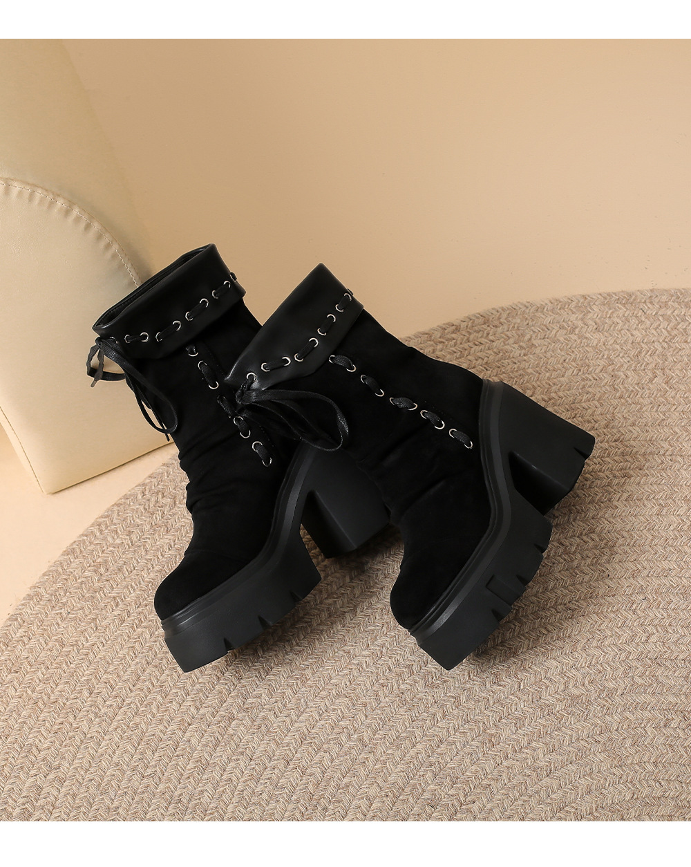 Boot nữ da lộn mũi tròn gót 12 cm dây buộc phong cách retro — nhung đen chi tiết 13