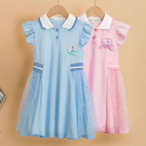 Summer Dress for Girls 2024 New Ice Age Elsa Princess Short Sleeve Children's Net Puff Dress