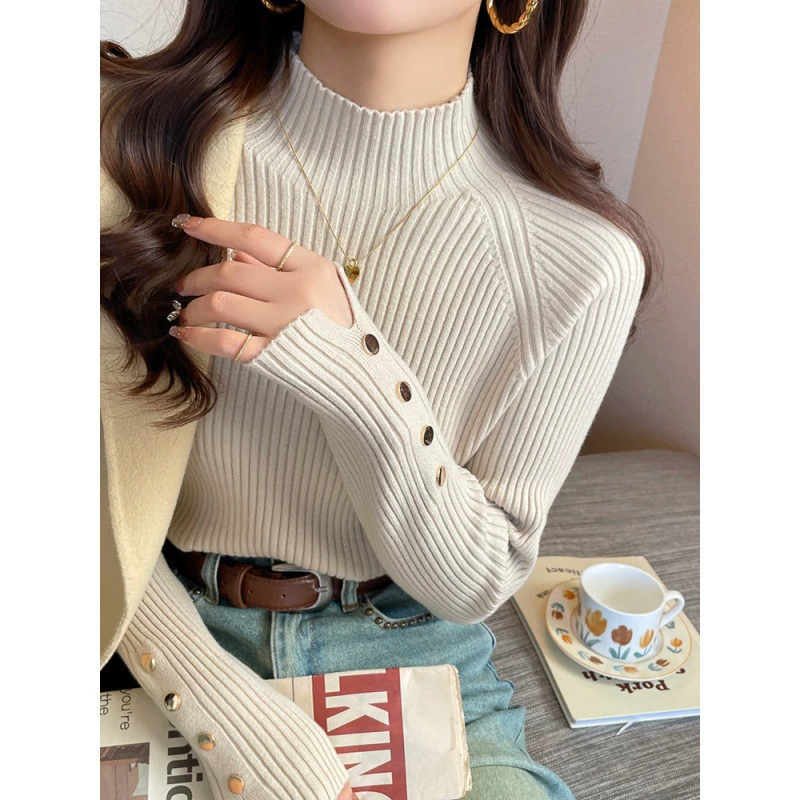 Высококачественный и стильный свитер с полугольфом для женщин, осень-зима 2025, новая модная рубашка в корейском стиле, вязаный топ с длинными рукавами