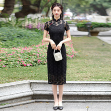 黑色旗袍2022年新款高贵蕾丝气质民国风优雅夏季透气改良版连衣裙