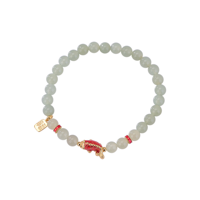 Vòng tay bạc S925 mạ vàng đính đá sapphire Hetian hạt tròn phong cách Koi Fu — Một chiếc
