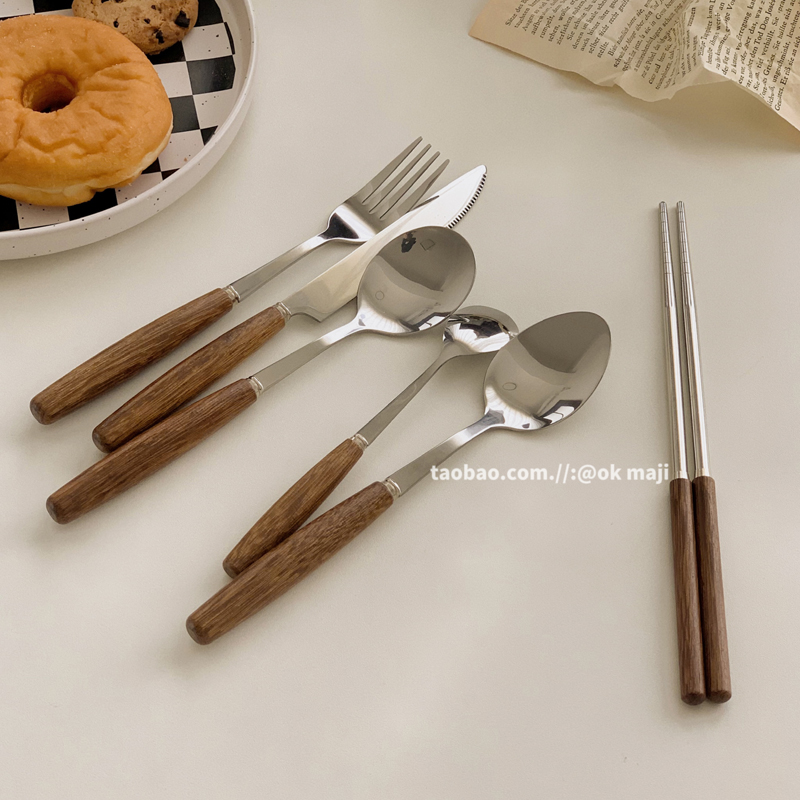 Juego de Cubiertos Occidentales Set de 3 Piezas de Acero Inoxidable y Madera, Pulido Espejo, para Regalos image 3