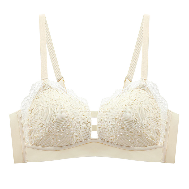 Encaje de las mujeres delgada transpirable agujero taza grande pecho y pequeño sujetador sin anillo de acero empuja hacia arriba la ropa interior del sujetador
