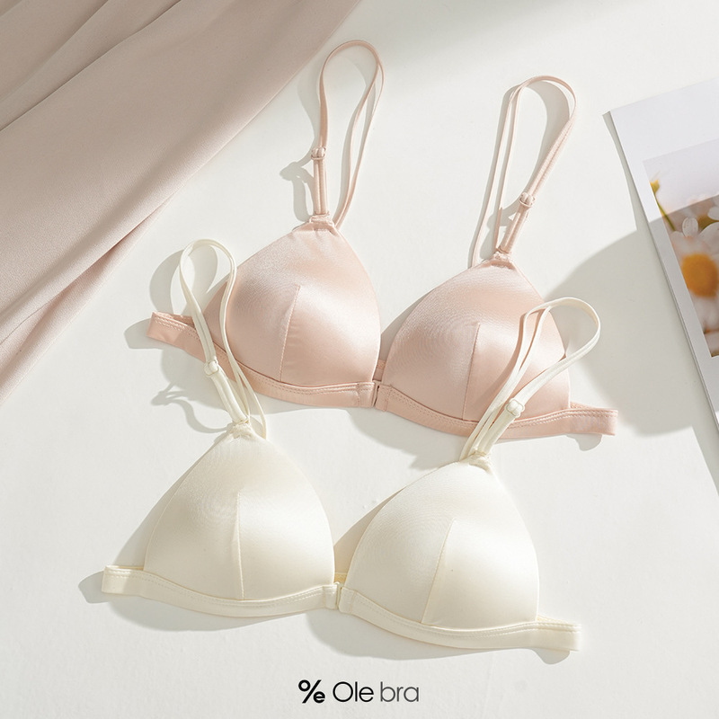 French-Style Front-Clasp Seamless Satin Triangle Cup Sexy Cross-Back Lingerie for Women, Soft Ultra-Thin Comfortable Bra Set