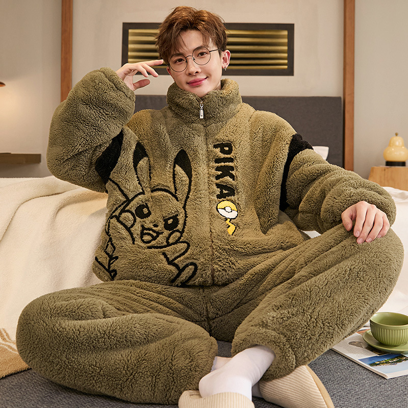 Autumn and Winter New Teen Men's Pajamas Coral Fleece Thickened Cartoon Stand Collar Zipper Flannel Home Wear Set
