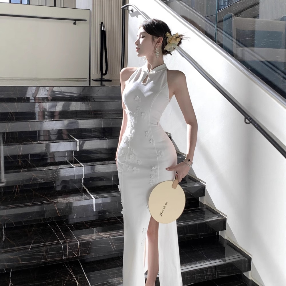 2577 跨境外贸女装新中式网纱拼接改良旗袍修身带盘扣连衣裙长款