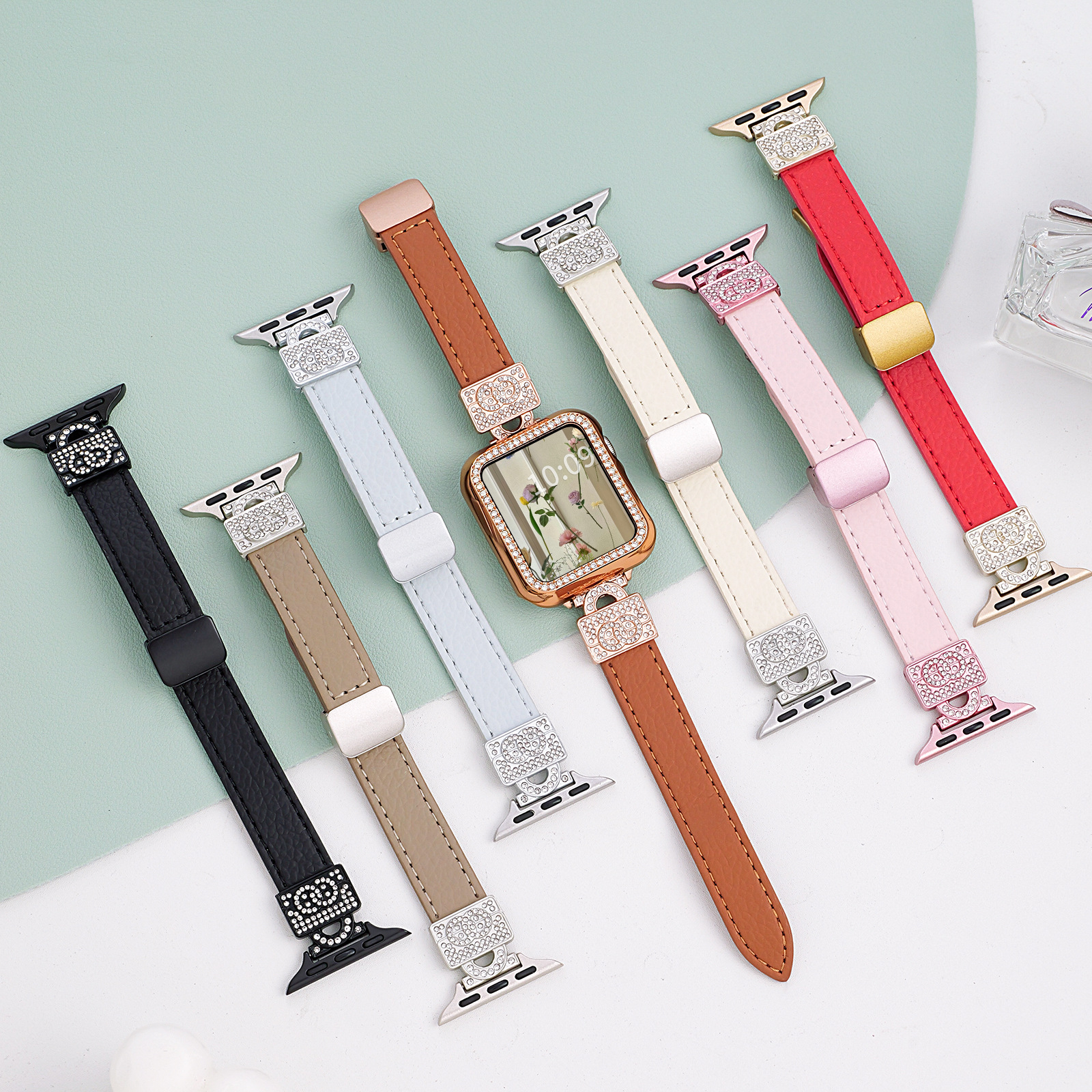 Suitable for Apple S11 Watch Strap, Lychee Pattern Metal Women's Magnetic Buckle Applewatchs10 Watch Strap 14mm