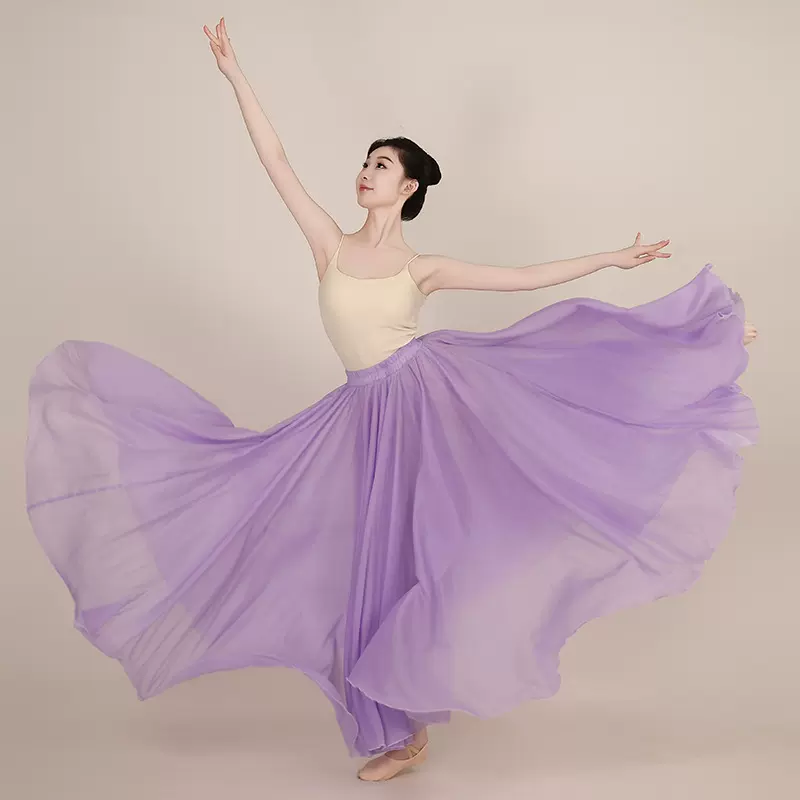 720度古典舞裙闪光天丝大摆裙紫色仙气舞蹈裙