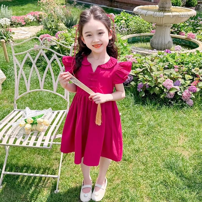 Rochie de bumbac pentru fete cu guler de păpușă și mâneci volante, rochie de vară pentru fete_voghion.com