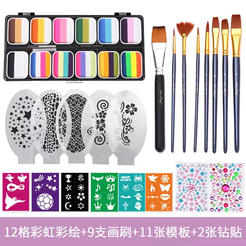 3012F-12 레인보우 페인팅 + 7 브러쉬 + 1 와이드 헤드 브러시 + 5 화이트 문신 템플릿 + 6 컬러 카드 + 2 다이아몬드