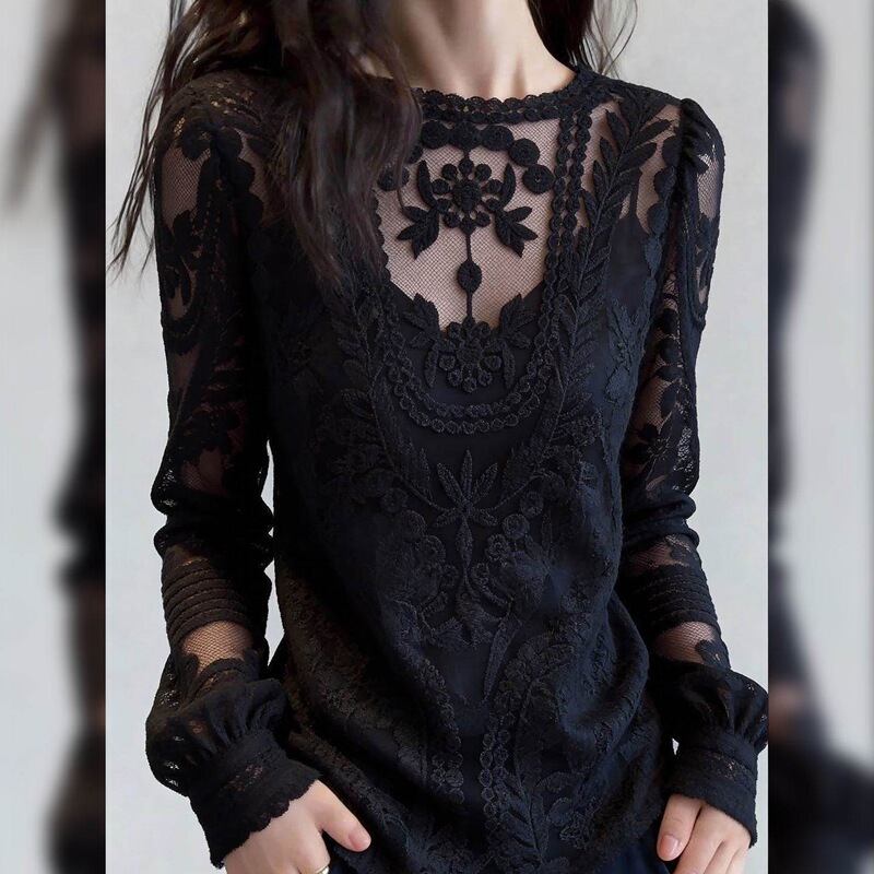 2026 Spring New Design Black Lace Top for Women, Pure and Mature Style, Age-Reducing, Fashionable Long-Sleeve Base Shirt 2026 Spring New Design Black Lace Top for Women, Pure and Mature Style, Age-Reducing, Fashionable Long-Sleeve Base Shirt