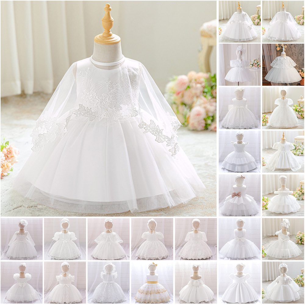 [Con accesorios] ropa infantil niñas vestido blanco vestido de aniversario vestido de cumpleaños vestido de princesa de malla de encaje