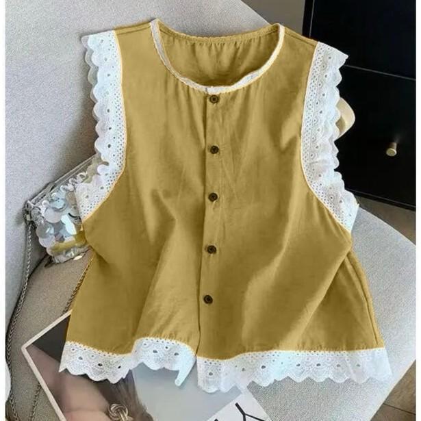 Xiaoxiangfeng レースステッチノースリーブシャツ女性のための夏の 2025 新しいファッション気質ルーズ痩身多用途トップ|undefined