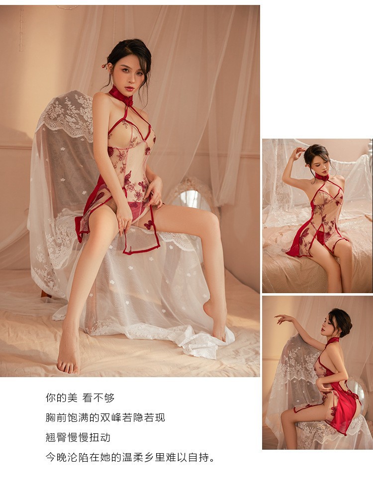 Women’s Cheongsam Lingerie Set with Embroidered Neck and Sheer Panels, Black, One Size — detail image 3
