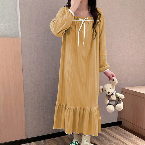 Nightdress, women's spring and autumn pajamas, long-sleeved square collar, sweet students 'ins, long over-the-knee home clothes, can be worn outside
