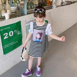 外穿夏季新款女童连衣裙条纹卡通可爱T恤裙女宝宝洋气儿童裙潮流