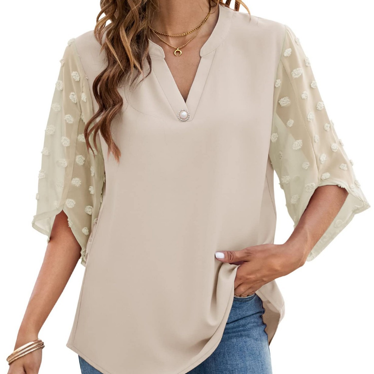 Transfronterizo 2022 Amazon europeo y americano superior de verano de las mujeres Bola de piel manga corta casual suelta con cuello en V camisa superior
