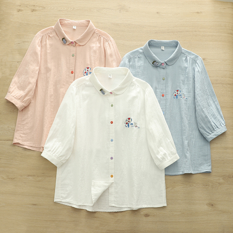 Korean New Cartoon Embroidered Mushroom Rabbit Double Yarn Women's Cardigan Short Sleeve Shirt Top Wholesale