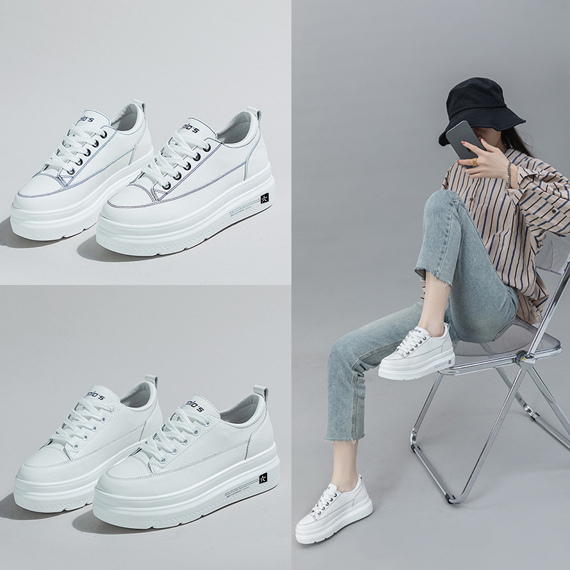 New interior height breathable leather muffin thick-soled small white shoes round toe lace-up flat heel shoes optional half-drag