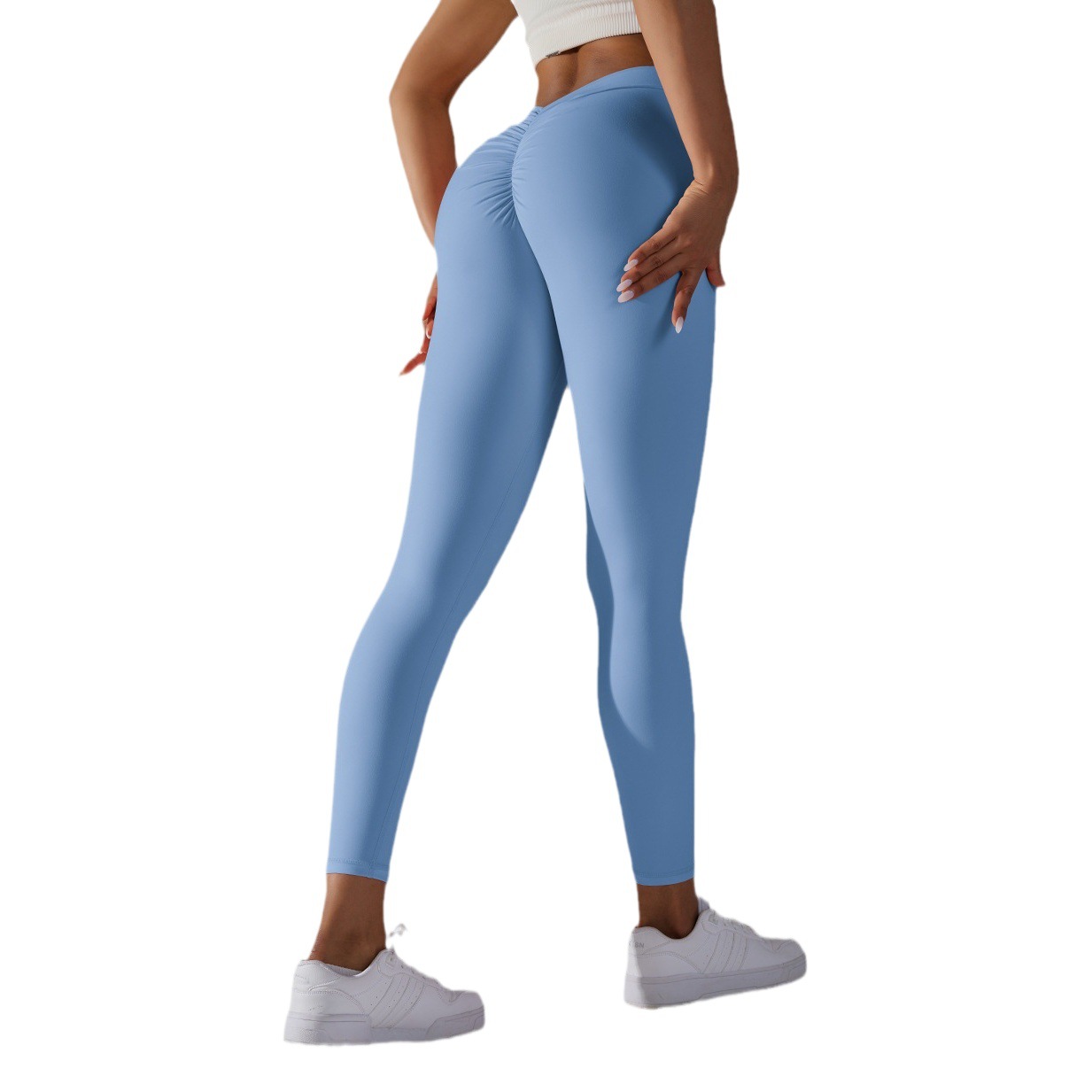 Transfronterizo europeo y americano cepillado V cintura plisada color sólido melocotón cadera yoga Pantalones deportes running fitness apretados pantalones recortadas