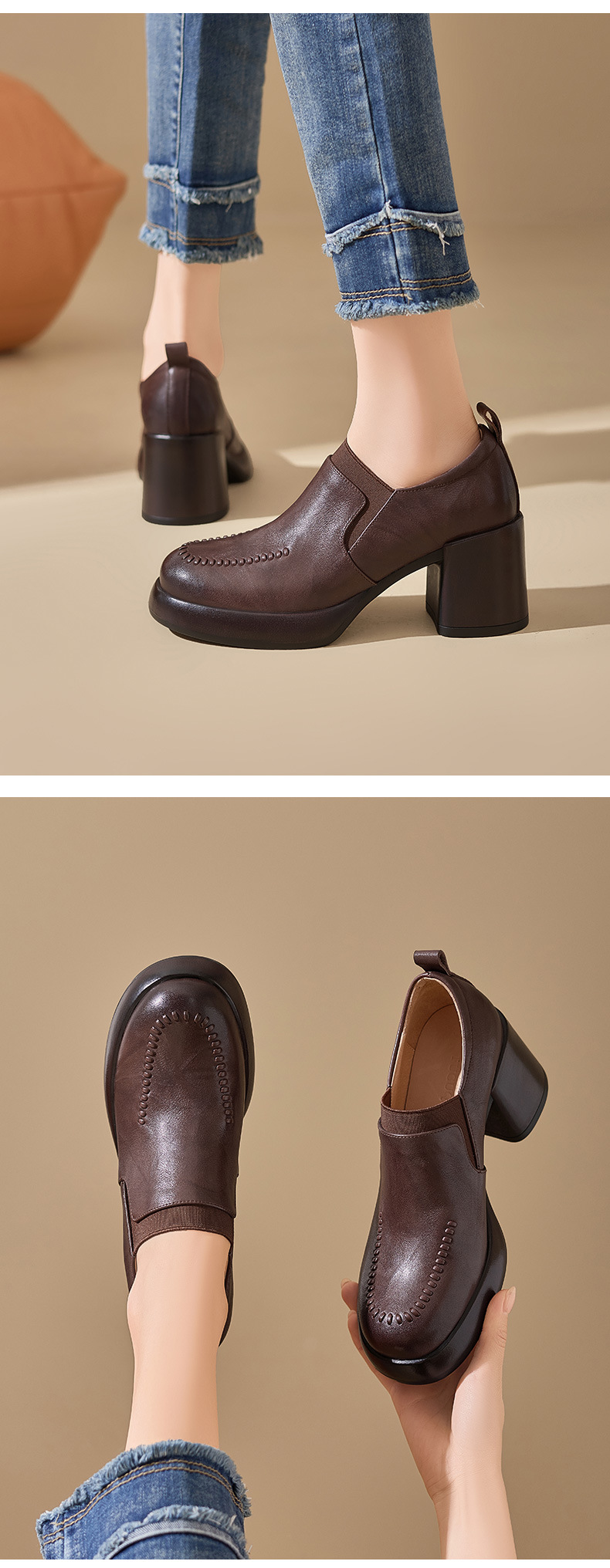 Giày loafer nữ da bò thật đế dày gót vuông 7 cm, miệng sâu, phong cách đơn giản — màu nâu chi tiết 7
