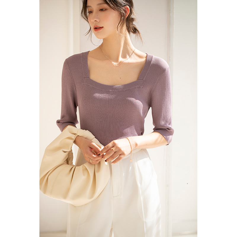 Xiuye Summer new party charm lock bone sexy needle sweater female french temperament middle sleeves Slim upper top