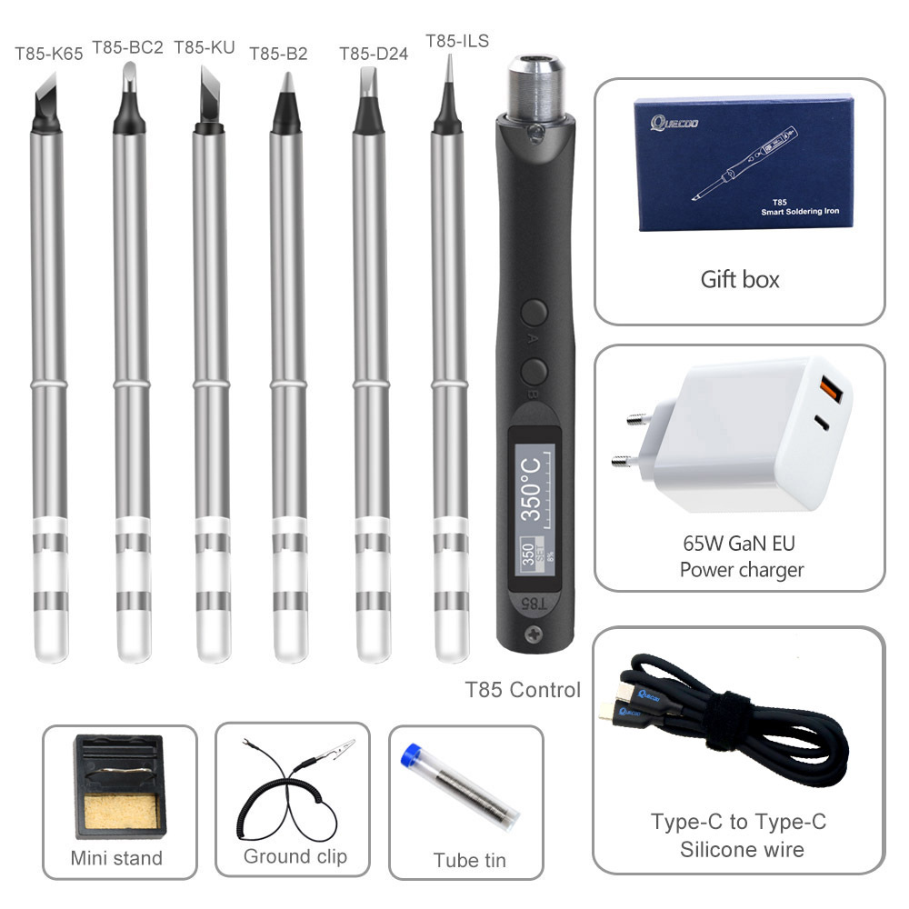 QUECOO original T85 inteligente eléctrico de soldadura de hierro portátil mini estación de soldadura 65W QC/PD fuente de alimentación digital Pantalla de temperatura constante dimensión