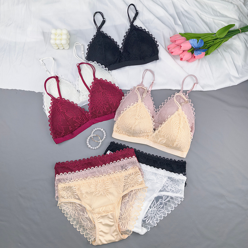 Conjunto de sujetador de copa triangular transfronteriza sin anillo de acero de hebilla de una sola fila de cinturón para limpiar el pecho de encaje sexy envuelto en el pecho de la mujer