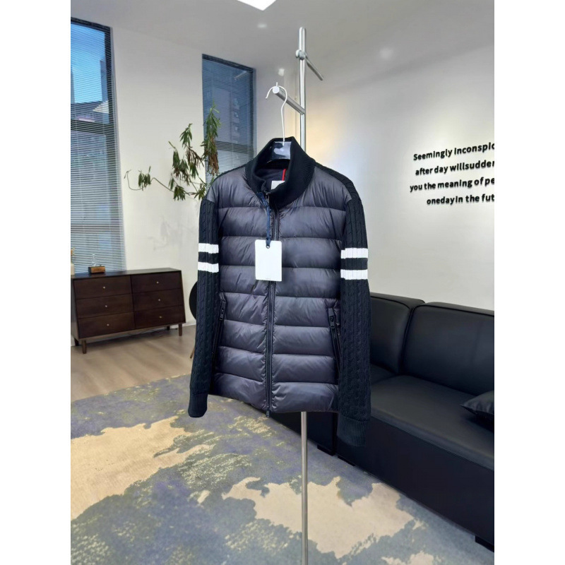 M Brand Double-Bar Knit Stand Collar Striped Wool Patchwork Jacket with Hood, Lightweight down Jacket Coat for Men and Women, High-End