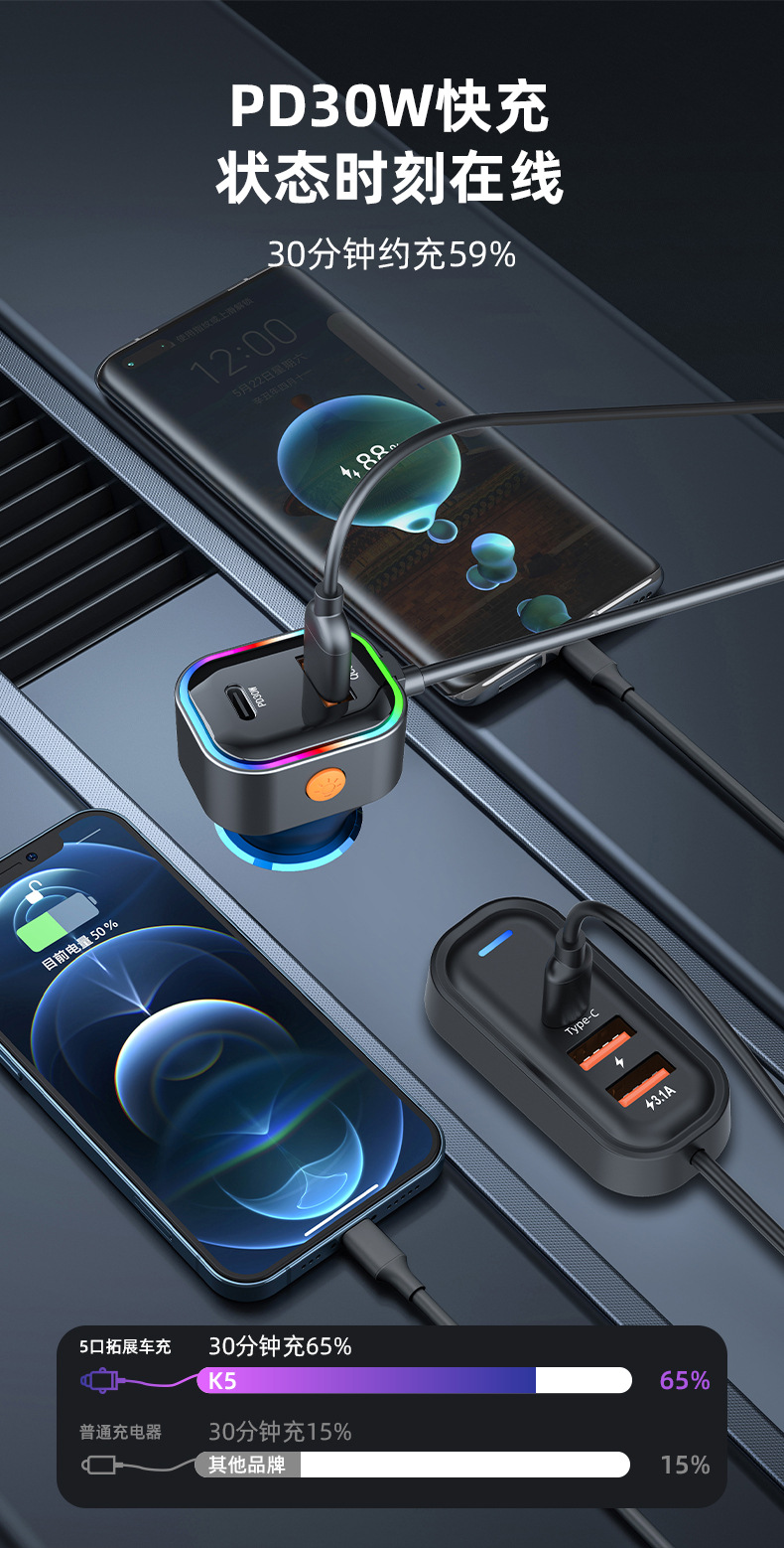 Cross-border new car charger fast charging with rear charging five-port car charger super fast charging 66W fast charging wholesale