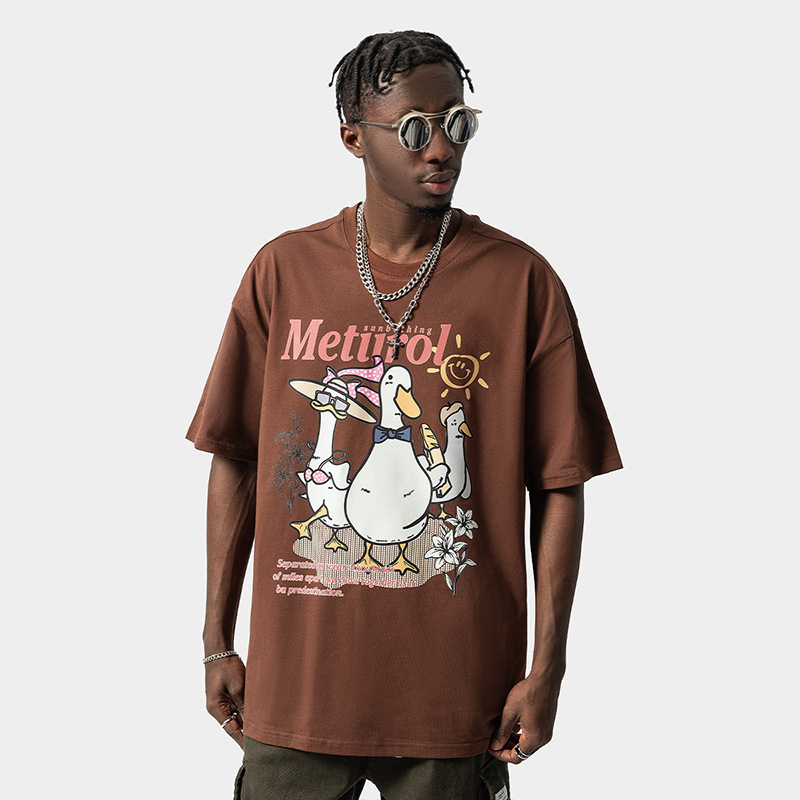 American Trendy Duck Print Kurzarm T-Shirt Herren Loose Oversize Trendy High Street Paar Vielseitiges T-Shirt_voghion.com