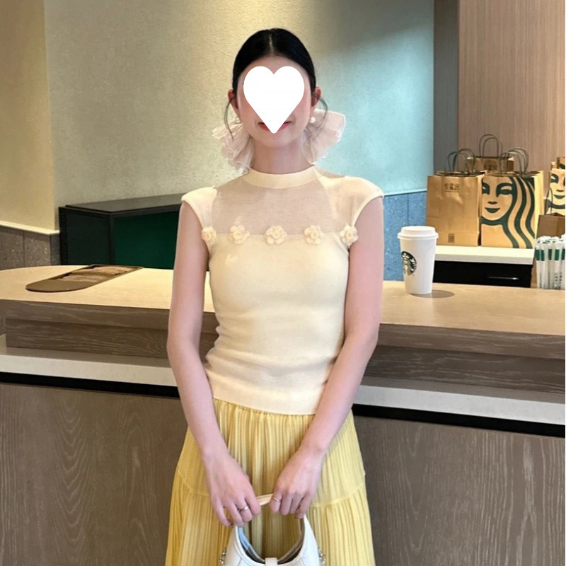 Francés tridimensional flor malla empalme chaleco de punto de seda de hielo amarillo para mujeres de verano vestida en el cuerpo delgado...