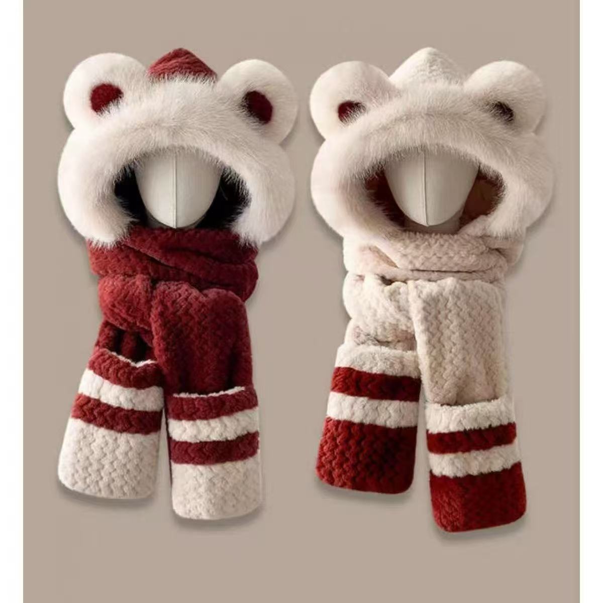 Milo Bear Cute Plush Hat and Scarf Combo for Women, Winter Thickened Ear Protection, Warm and Cold-Proof, Cycling Neck Warmer Wholesale