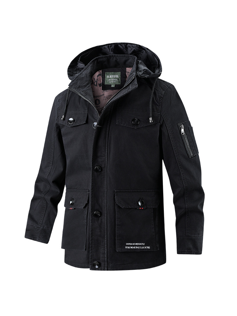 Suministro exclusivo transfronterizo de chaquetas para hombre, nuevo estilo de primavera y otoño, cuello alto, casual, capucha desmontable, talla grande, longitud media, tejido de algodón puro.