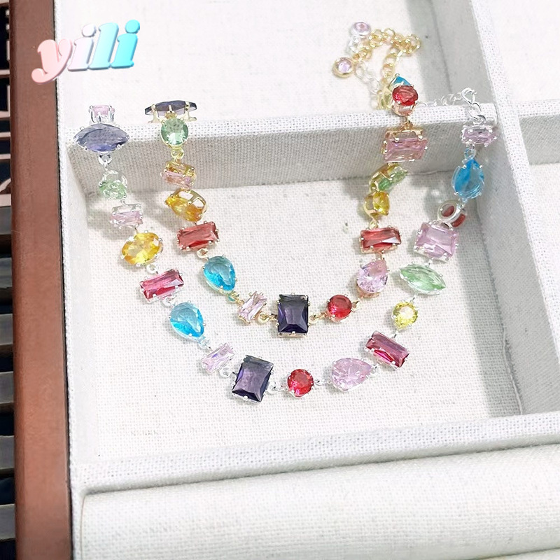 European and American Fashion Colorful Zircon Bracelet, Light Luxury Tourmaline Candy-Style Bracelet, Versatile Women's Jewelry Wholesale
