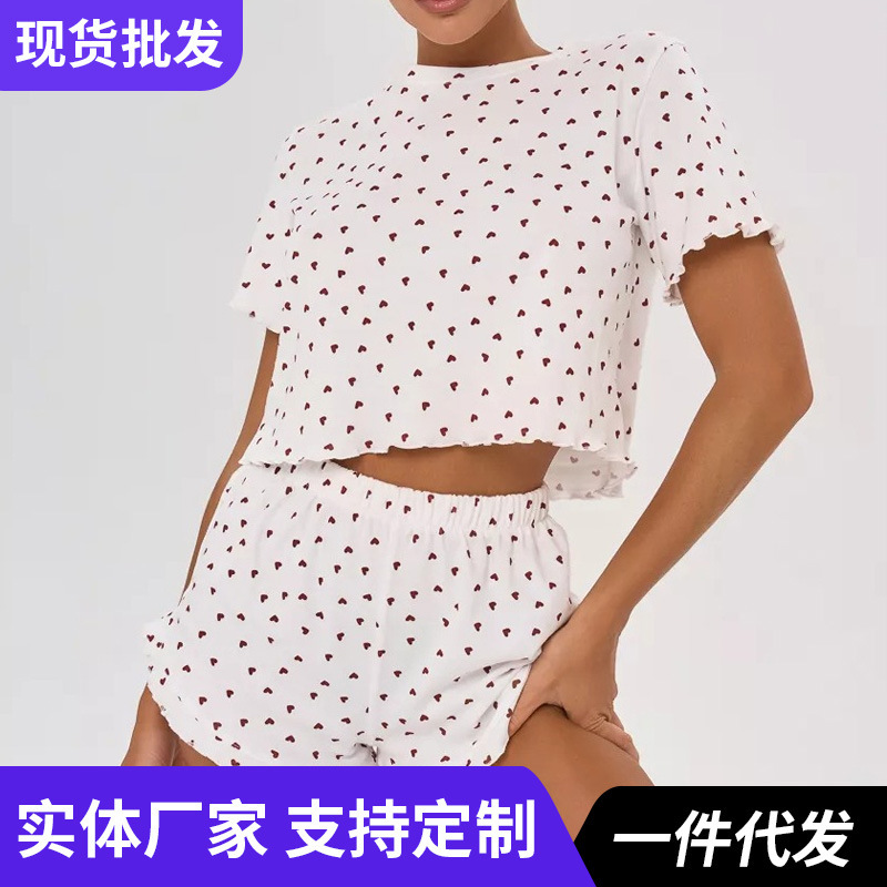 Cross-Border New Style Love-Printed Home Wear, Pure Cotton Short-Sleeved Shorts Two-Piece Set, Loose Casual Women's Pajamas Cross-Border New Style Love-Printed Home Wear, Pure Cotton Short-Sleeved Shorts Two-Piece Set, Loose Casual Women's Pajamas
