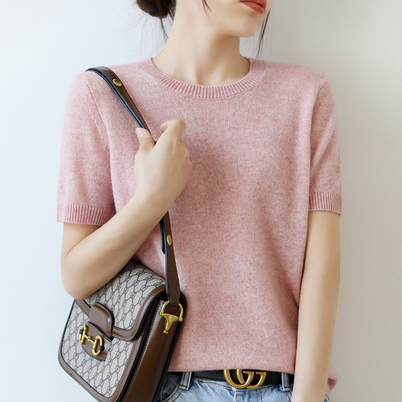 ニット半袖薄手トップスレディース Tシャツ 2025 春と秋の半袖ウールボトムシャツラウンドネックミッドスリーブルーズ卸売|undefined