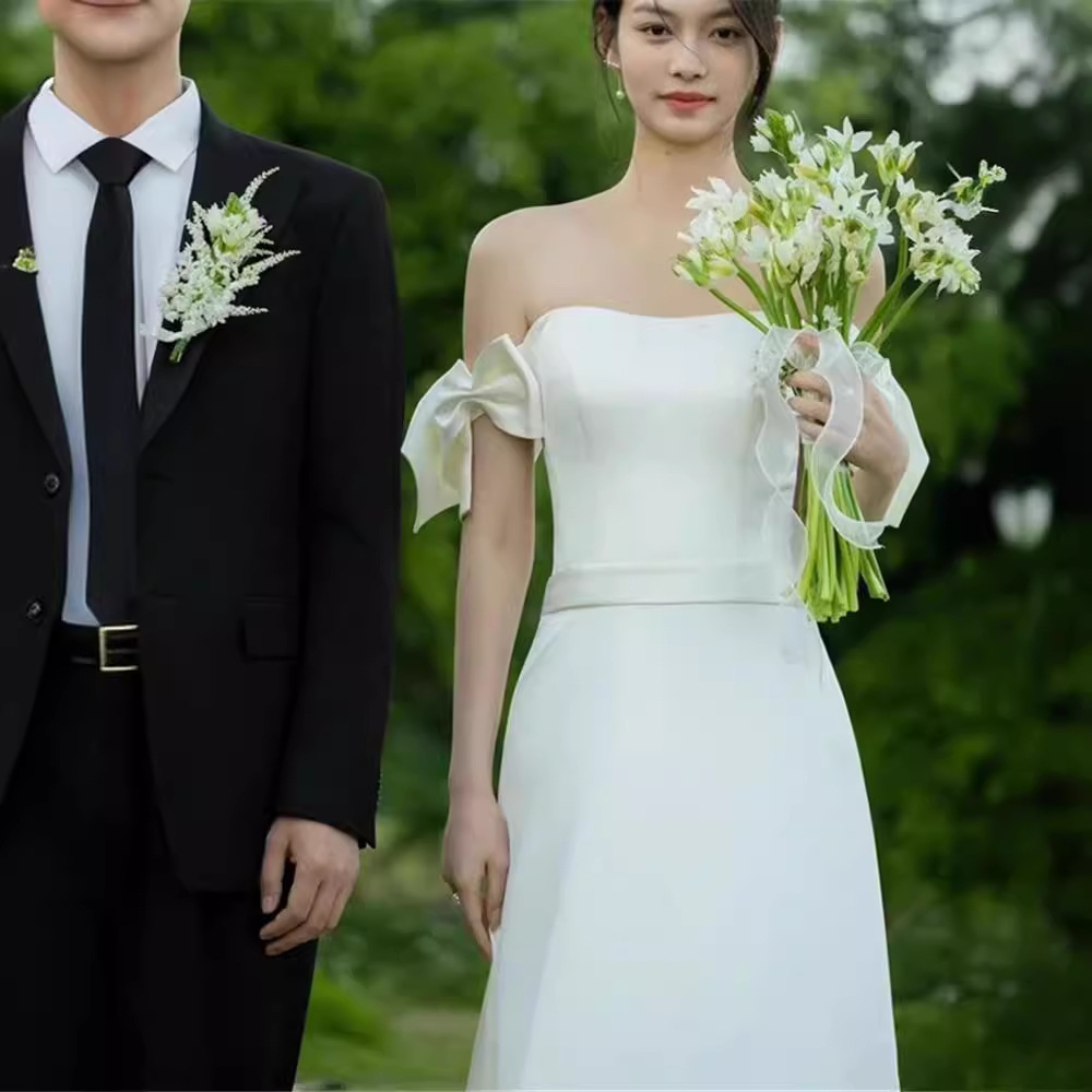 French Light Wedding Black Satin Hepburn Style Studio Theme Couple Photo Bowknot Marriage Registration Small Dress_ecoleips.com
