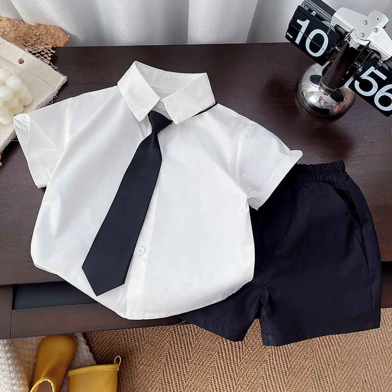 Children's Summer Dress Boy's suit Baby 2025 Summer New White Shirt Host Flower Boy Dress Performance Dress