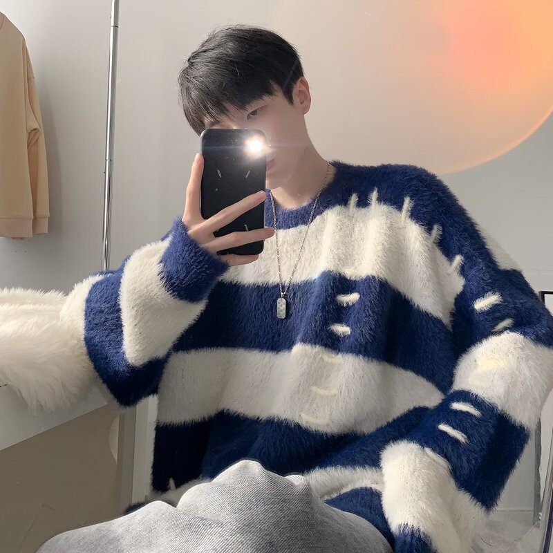 Mohair soft waxy sweater men's 2024 autumn and winter niche design sense wind stripes contrast color sweater a generation of hair Mohair soft waxy sweater men's 2024 autumn and winter niche design sense wind stripes contrast color sweater a generation of hair