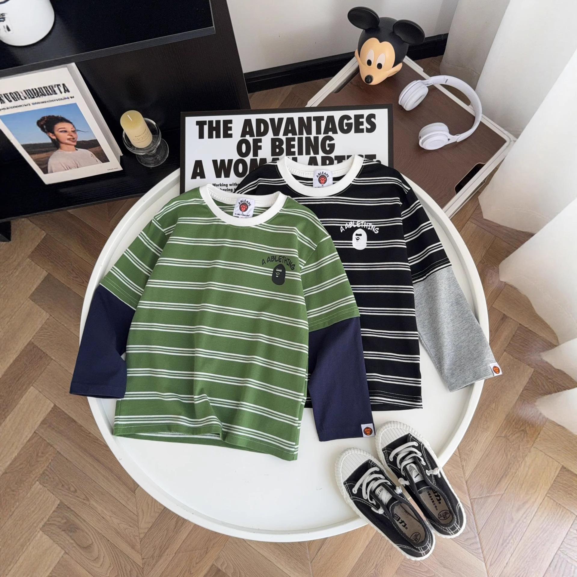 Children's trendy brand, Spring 2026 new arrival, faux two-piece base layer shirt Q568, striped print design, breathable and comfortable children's clothing.