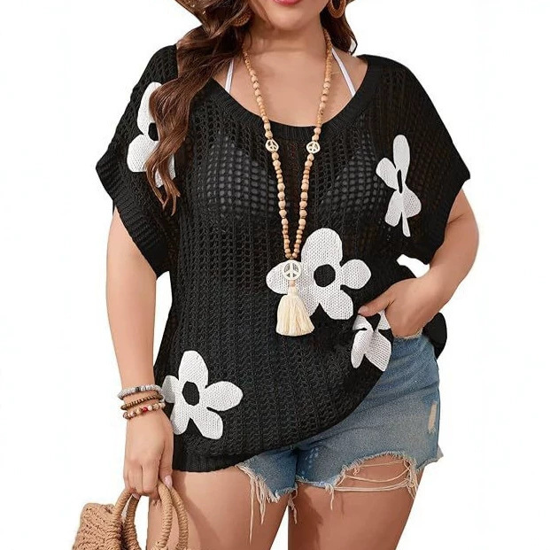 In-stock European size cross-border women's plus-size sweater top, short-sleeved, hollow-out, loose-fitting, low round neck, beach crochet cover-up In-stock European size cross-border women's plus-size sweater top, short-sleeved, hollow-out, loose-fitting, low round neck, beach crochet cover-up