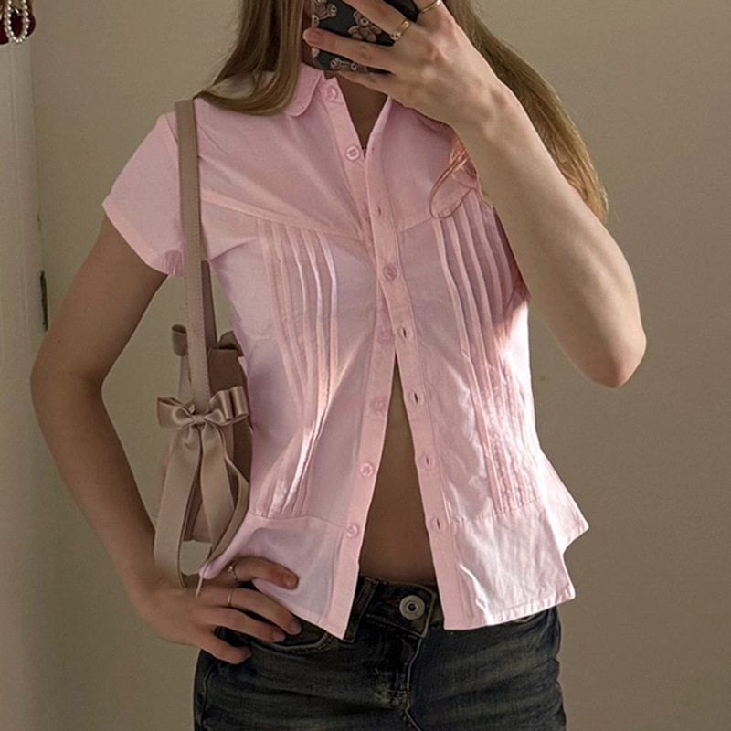 夏季风琴褶皱翻领排扣纯色短袖衬衫甜美少女时尚收腰显瘦短上衣女|undefined