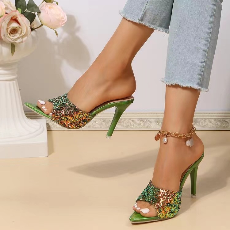 2024 Summer New European And American Style Sequin Sandals For Women, Open-Toe Stiletto Fashion High-Heel Shoes_vogvips.com