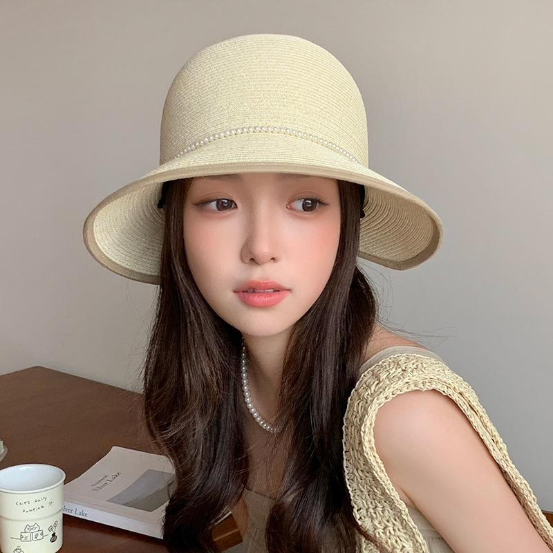 Fresh fashionable universal travel sun hat with bow pearl