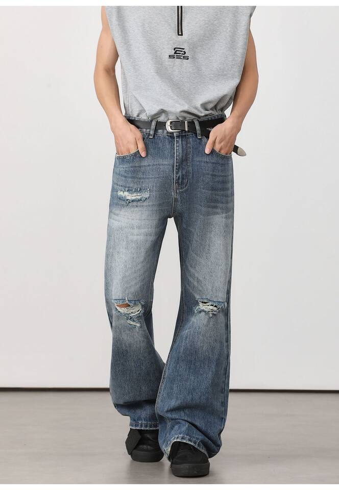 Quần jean nam ống loe nhẹ rách gối phong cách retro, dáng rộng ống suông tôn dáng, quần dài casual — Xanh nhạt, Xanh đậm chi tiết 23