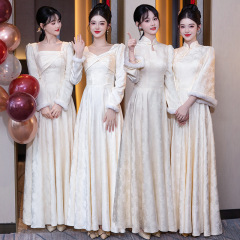 中国式花嫁服秋冬金2024新高級感シャンパン色長袖姉妹団ドレススカートは普段着ることができる