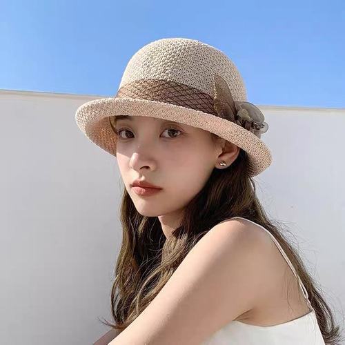 Fashionable British floral women's summer sunshade sunscreen hat French rolled edge sun hat outdoor mesh pot hat