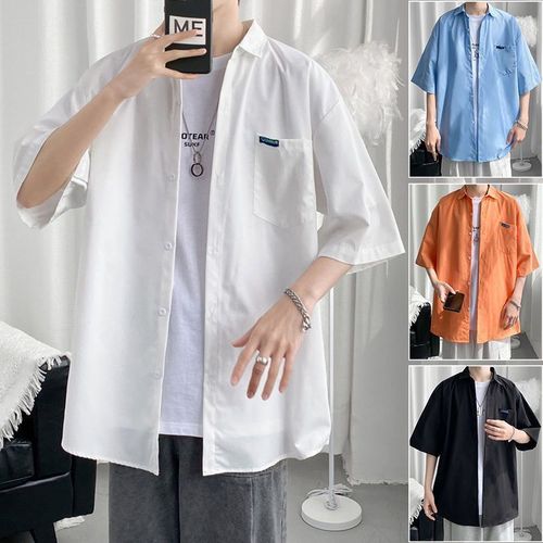 Men's loose short-sleeve casual Korean-style five-sleeve collared shirt, trendy and handsome, versatile summer white collared shirt