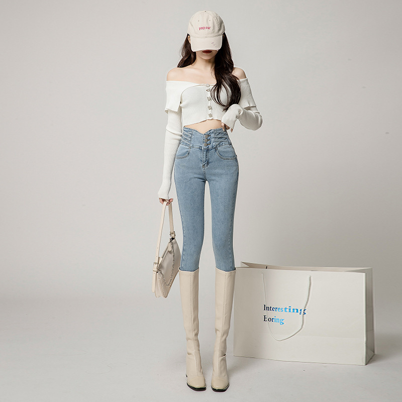 2023 autumn and winter slimming ultra high waist skinny jeans women's tight boots small tall slim stretch pencil pants